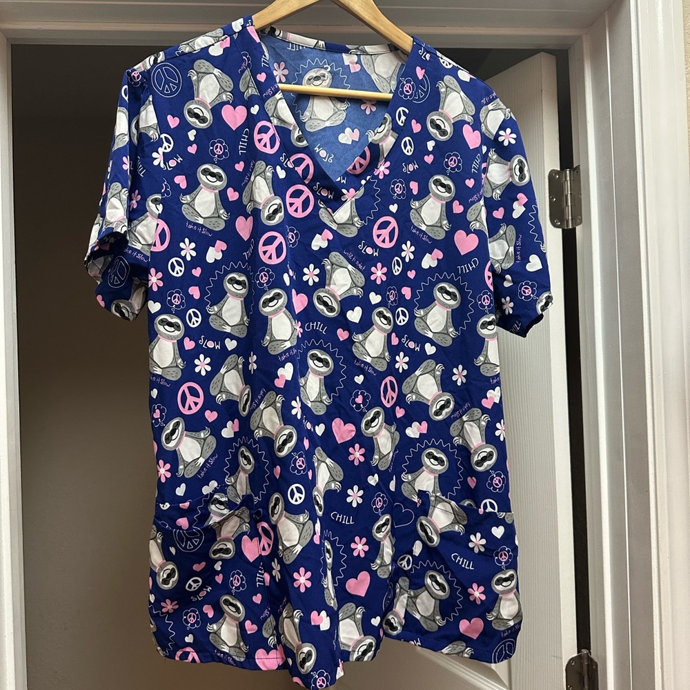 Blue and Pink Graphic Scrub Top